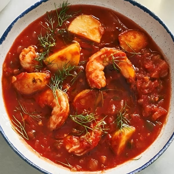 A close-up of a vibrant red Indian shrimp and potato curry, garnished with fresh dill.