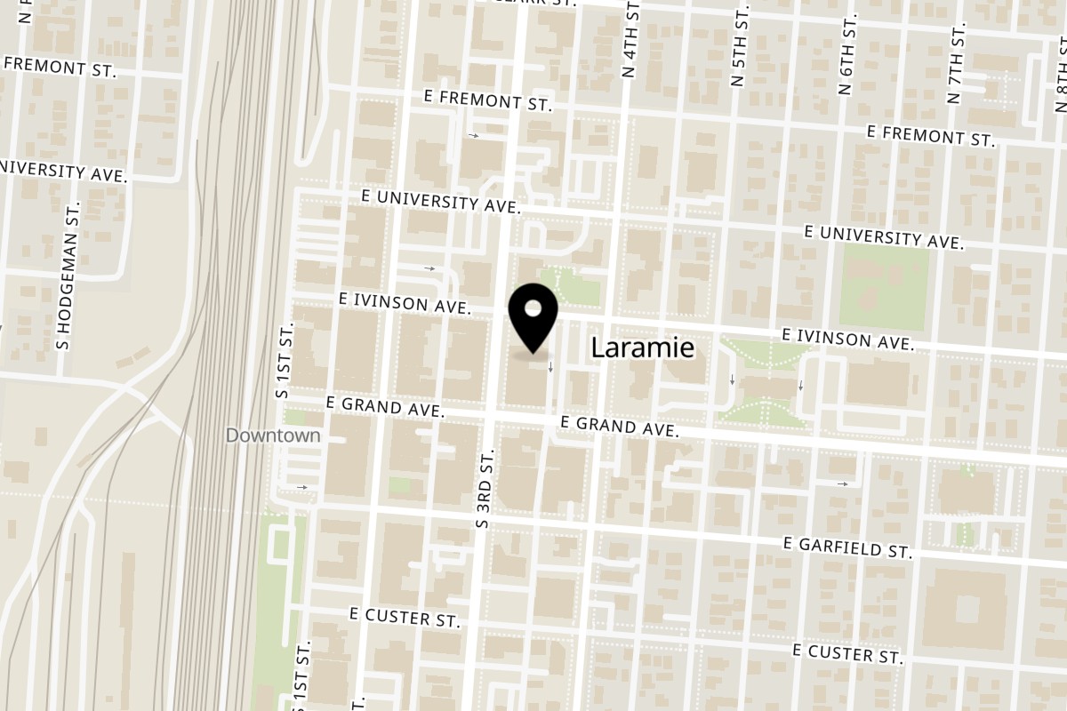 Map showing the location of MOMO HOUSE AND GRILL on 207 South 3rd Street in Laramie